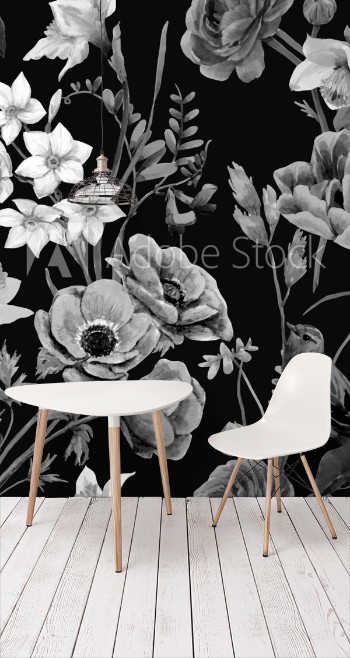 Bild på Beautiful vector floral summer seamless pattern with watercolor flowers Black and white monochrome stock illustration